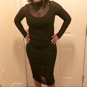 Ruched Mesh Mock Neck Midi Dress